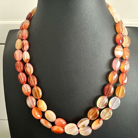 Artisan Carnelian Stone Bead Hand Knotted Beaded Two Strand Necklace - Picture 1 of 8